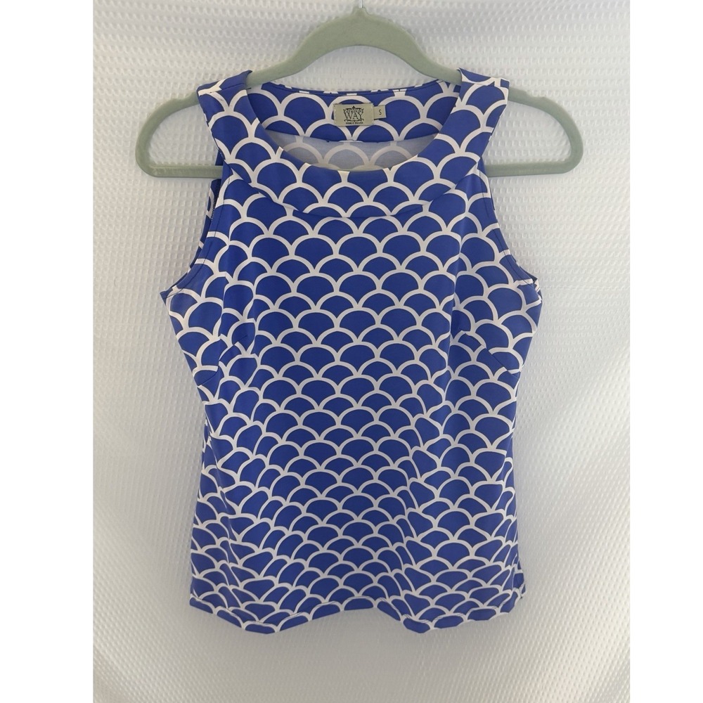 Katherine Way Blue White Geometric High Neck Sleeveless Tank Top Size S